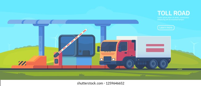 Checkpoint on the toll road. Booth with boom barrier Web banner. Vector illustration.