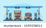 Checkpoint on the toll road. Payment area with transport. Bus and lorry truck on roadway. Vector illustration.