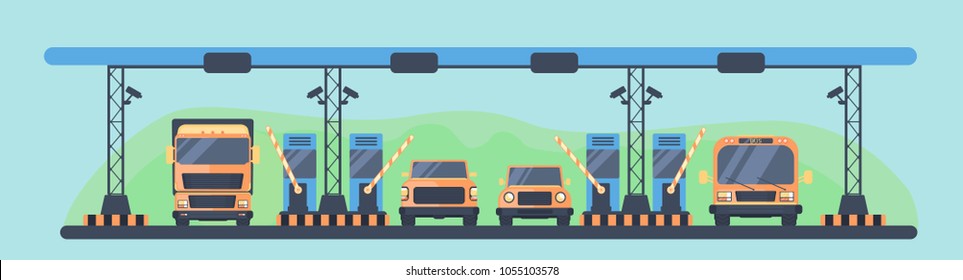 Checkpoint on the toll road. Payment area with transport. Vector illustration.