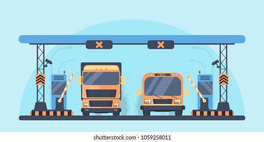 Checkpoint on the toll road. Payment area with transport. Bus and lorry truck on roadway. Vector illustration.