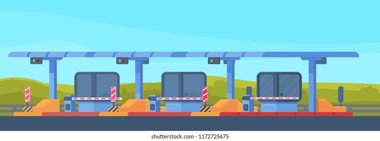 Checkpoint on the toll road. Payment of tolls on the toll road. . Bus and lorry truck on roadway. Checkpoint with a rising and lowering barrier. Vector illustration.