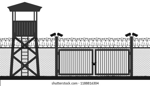 Checkpoint, prison tower, protection territory, watchtower, state border,military base. Street camera on the pillar. Block post, gate. Fence wire mesh barbed wire, seamless vector silhouette