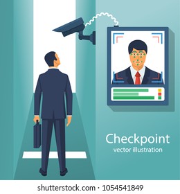 Checkpoint with a surveillance camera and system for the identification of persons. Businessman identifies a person. Scan at the input. Modern technology security. Biometric facial recognition system.