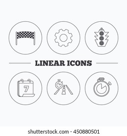 Checkpoint, traffic lights and timer icons. Travel time, road linear signs. Flat cogwheel and calendar symbols. Linear icons in circle buttons. Vector