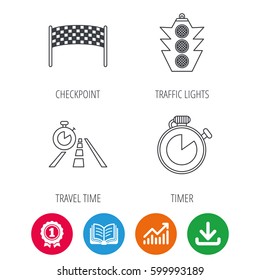 Checkpoint, traffic lights and timer icons. Travel time, road linear signs. Award medal, growth chart and opened book web icons. Download arrow. Vector