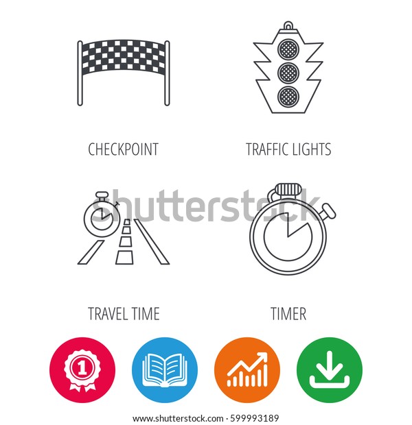 Checkpoint, traffic lights and timer icons.\
Travel time, road linear signs. Award medal, growth chart and\
opened book web icons. Download arrow.\
Vector