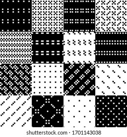 Checks, squares, bars, rectangles, crosses seamless patterns collection. Ethnic ornaments set. Folk prints. Tribal wallpapers kit. Geometrical backgrounds. Retro motif. Abstract images. Vectors bundle