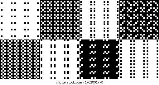 Checks, squares, bars, rectangles, crosses seamless patterns collection. Folk prints. Ethnic ornaments set. Tribal wallpapers kit. Geometrical backgrounds. Retro motif. Abstract images. Vectors bundle