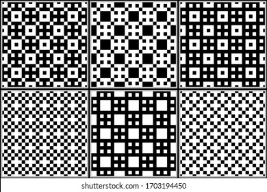 Checks, squares, crosses seamless patterns collection. Geometrical ethnic ornaments set. Tribal wallpapers kit. Folk prints. Geometric backgrounds. Retro motif. Abstract images. Vectors bundle