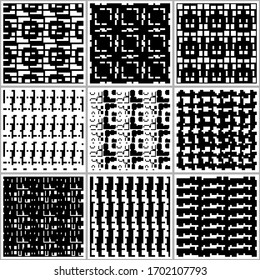 Checks, squares, curves, figures seamless patterns collection. Geometrical ethnic ornaments set. Folk prints. Tribal wallpapers kit. Geometric backgrounds. Retro motif. Abstract images. Tribe designs.
