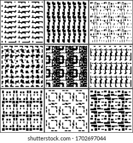 Schecks, Quadrate, Kurven, Zahlen nahtlose Musterkollektion. Geometrische ethnische Ornamente. Folk druckt. Paket mit Hintergrundbildern für Tribale. Geometrische Hintergründe. Retro Motif. Abstrakte Bilder. Testdesigns