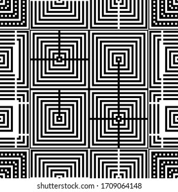 Checks, squares, lines, strokes, curves seamless pattern. Geometrical ethnic ornament. Ethnical textile print. Tribal background. Patchwork wallpaper. Abstract images. Folk motif. Vector work.