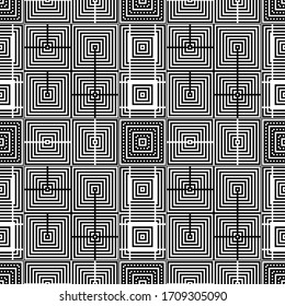 Checks, squares, lines, strokes, curves seamless pattern. Geometrical ethnic ornament. Ethnical textile print. Tribal background. Patchwork wallpaper. Abstract images. Folk motif. Vector art.