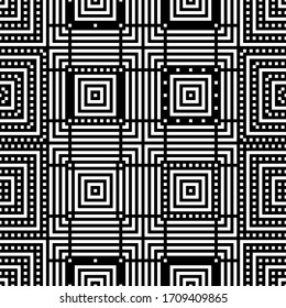 Checks, squares, lines, strokes, curves seamless pattern. Geometrical ethnic ornament. Tribal background. Ethnical textile print. Patchwork wallpaper. Folk motif. Abstract images. Vector artwork