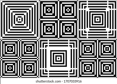 Schecks, Quadrate, Rechtecke, Kreuze, Linien, Striche nahtlose Musterkollektion. Geometrische ethnische Ornamente. Patchwork-Motiv. Set für Hintergründe von Stämmen. Folk druckt.Abstrakt. Vektorillustrationen-Paket
