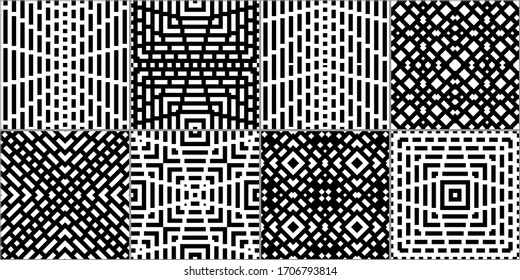 Checks, squares, rectangles, strokes, crosses seamless patterns collection. Geometrical ethnic ornaments set. Tribal backgrounds kit. Folk prints. Patchwork motif. Abstract images. Vectors bundle