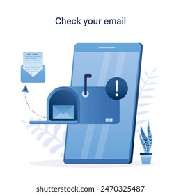 Comprueba tu correo electrónico. Correspondencia de negocios, Suscripción. Correo y buzón de la Bandeja de entrada. Nuevo mensaje, comunicación. Abra el cuadro de entrada en la pantalla del smartphone. Servicio postal, App móvil. Ilustración vectorial plana