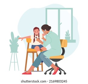 Checkup at the Children Doctor. Pediatrician Character Examines Sick Girl With Stethoscope. Child Health Check Up at Pediatrician or Otolaryngologist Office. Cartoon People Vector Illustration