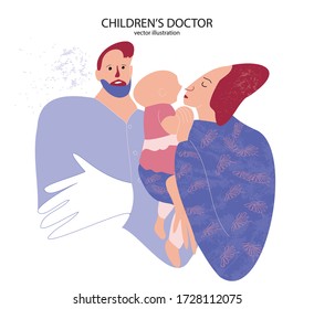 Checkup at the children's doctor.  Child with mom visiting pediatricians. Beautiful young mom is holding her cute baby. Isolated on white background. Vector illustration in modern flat cartoon 