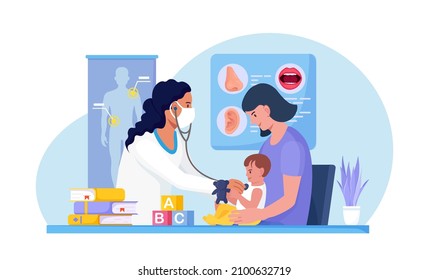 Checkup At Children's Doctor, Neonatologist In Hospital. Pediatrician Examines Sick Kid With Stethoscope. Child With Mom At Pediatrician Office. Healthcare, Child Care, Medical Check Up. Vector Design