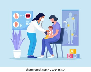 Checkup at children's doctor, neonatologist in hospital. Pediatrician examines sick kid with stethoscope. Child with mom at pediatrician office. Healthcare, child care, medical check up. Vector design