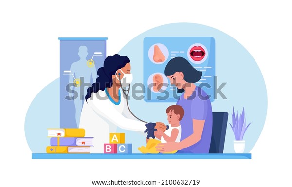 Checkup at children\'s doctor, neonatologist in\
hospital. Pediatrician examines sick kid with stethoscope. Child\
with mom at pediatrician office. Healthcare, child care, medical\
check up. Vector\
design