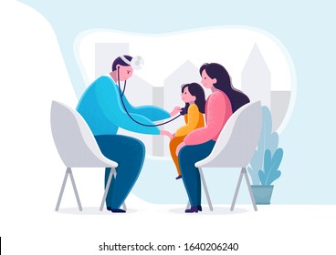 Checkup at the children's doctor. Pediatrician examines a sick girl. Child with mom at the pediatrician or otolaryngologist’s office. Vector stock illustration with people on chairs. Flat style. 
