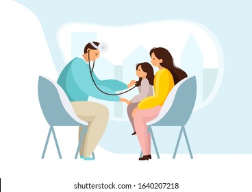 Checkup at the children's doctor. Pediatrician examines a sick girl with stethoscope. Child with mom at the pediatrician or otolaryngologist’s office. Vector flat illustration with people on chairs. 