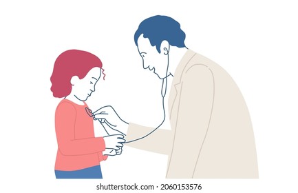 Checkup at the children's doctor. Pediatrician examines a sick girl. Hand drawn vector illustration.