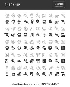 Check-Up. Sammlung von perfekt einfachen monochromen Symbolen für Webdesign, App und die modernsten Projekte. Universelles Paket klassischer Zeichen für die Kategorie Medizin.