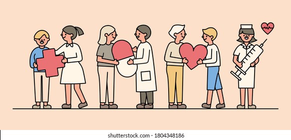 Checkup and consultation concept. Give Off Positive Vibes. Doctor and Nurse taking care of patient health for medical exam. Simple Line Style. Flat design. Vector illustrations.