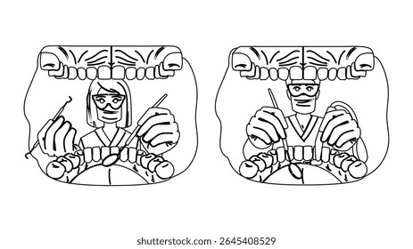checkup dentist patient mouth view vector. cleaning hygiene, smile braces, cavity fillings checkup dentist patient mouth view character. people black line pencil drawing illustration