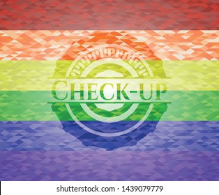 Check-up emblem on mosaic background with the colors of the LGBT flag