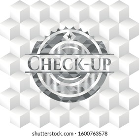 Check-up grey badge with geometric cube white background