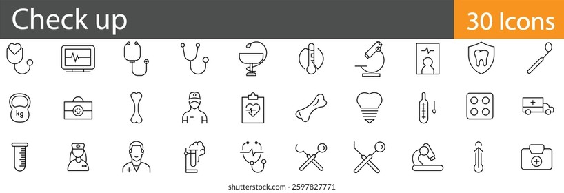Check-up Line Icons Set. Collection of 30 outline icons representing medical examination, health check, diagnostics, and healthcare services. Editable stroke vector illustration.