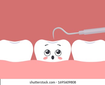 Checkup of a tooth by a dental explorer. Cute surprised tooth character. Vector illustration