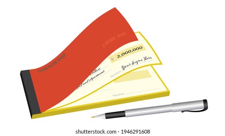 Checque book in yellow color and orange cover book with gray and black pen in white background