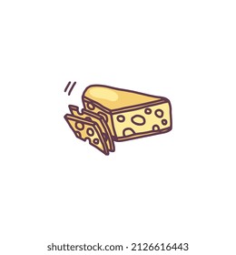 Bloque y rodajas de queso Cheddar, ilustración vectorial de doodle aislada en fondo blanco. Icono de producto lácteo dibujado a mano, concepto de cocina y alimentación saludable.