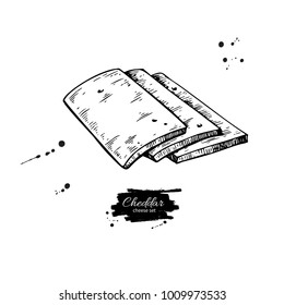 Cheddar cheese drawing. Vector hand drawn food sketch. Engraved Slice cut. Farm market product for label, poster, icon, packaging
