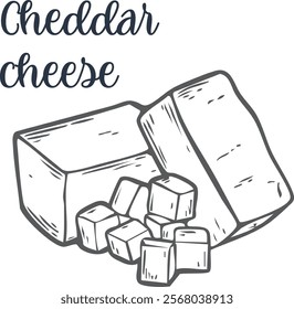 Cheddar cheese drawing. Vector hand-drawn food sketch. Farm market products for labels, poster, icon, packaging. Dairy vintage product