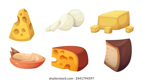 Cheddar cheese food piece isolated cartoon icon. Dairy triangle block and product slice for french lunch or breakfast. Farm swiss appetizer. Assortment of mozzarella, gouda and parmesan collection