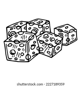 cheddar cheese hand drawn vector. black slice, piece block, cube cheddar cheese sketch. isolated black illustration