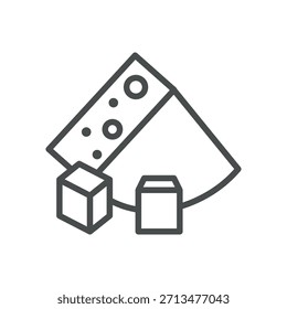 Icono de queso cheddar. Ilustración de línea delgada de una cuña de cheddar envejecida con cubos, que simboliza productos lácteos agudos, sabor salado y bocadillo gourmet. Signo de Vector de contorno aislado.