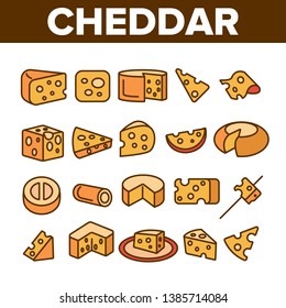 Cheddar Cheese Linear Vector Icons Set. Cheddar Piece, Milk Products Symbol Pack. Snack, Food. Dairy Ingredients Pictograms Collection. Isolated Cooking Signs. Eco, Natural Outline Illustrations
