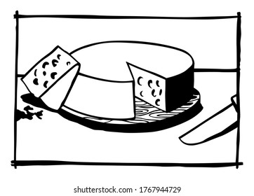 Queso de Cheddar en un plato y un cuchillo. Dibujo en blanco y negro de la ilustración vectorial de estilo dibujado a mano.