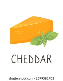 Cheddar cheese slice with basil. Organic farm food. Design element, cartoon flat illustration for logo, poster, menu. Isolated on white background.