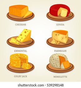 Cheddar and gouda cheese food isolated icons. French parmesan and colby jack, swiss emmental piece and mimolette slice. Organic milk fat appetizer and porous groceries, healthy nutrition theme
