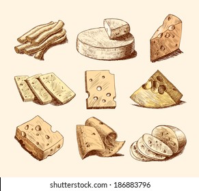 Cheddar parmesan and smoked cheese slices chunks and blocks assortment doodle food icons set vector illustration