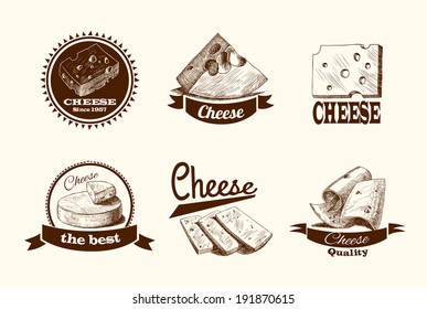 Cheddar Parmesan and smoked cheese slices chunks and blocks assortment doodle icons set vector illustration