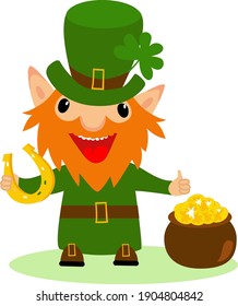 Cheeful leprechaun with pot of gold. Cute little elf holds horseshoe as symbol lucky. Funny cartoon character to Happy St.Patrick's Day. Colorful vector illustration  isolated on white